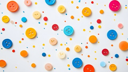 A collection of vibrant colored buttons scattered across a white background