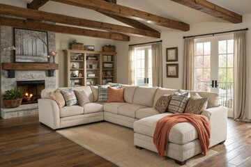 Plush sectional sofa with multiple pillows and throws in a modern farmhouse style home, modern farmhouse, rustic decor, sectional sofa