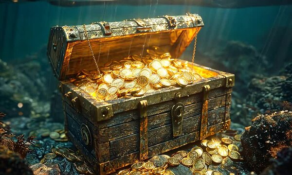 Underwater treasure chest overflowing with gold coins, illuminated by soft rays of sunlight, surrounded by marine life