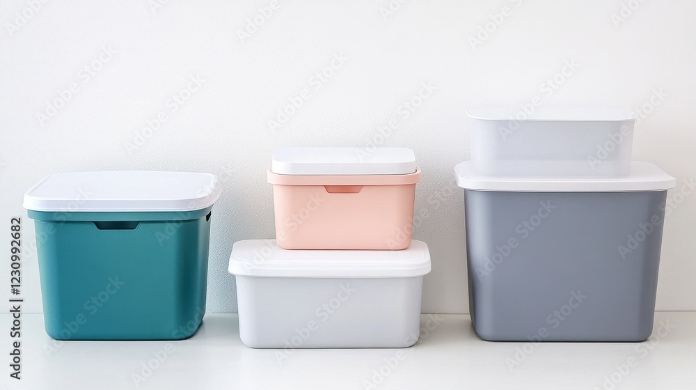 Poster colorful storage containers neatly arranged on a white surface, showcasing organization and simplici