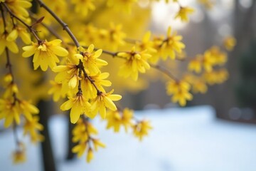 Forsythia branches with bright yellow flowers in late winter, blossom, garden, winter