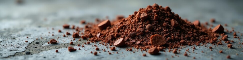 Fragments of dark brown rubber crumb on gray concrete, broken material, breakage