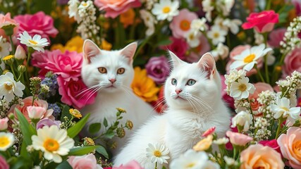 Majestic White Cat Amidst Wedding Flowers