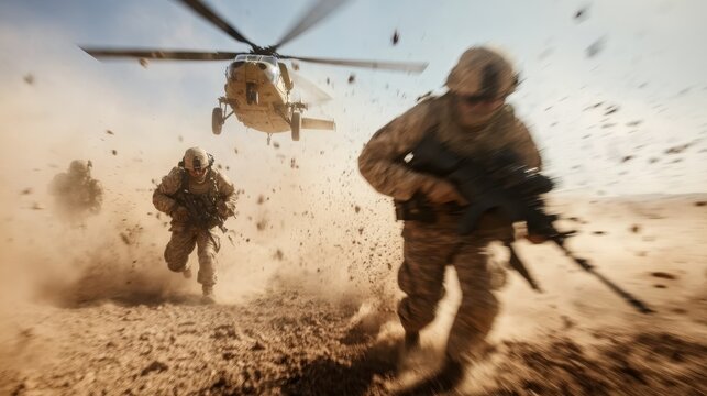 Military action unfolds as soldiers rush towards helicopter in dusty terrain