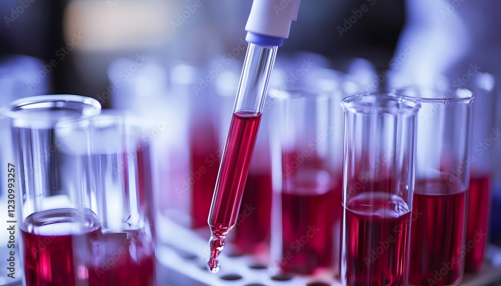 Poster a close-up view of a laboratory scene showcasing a pipette transferring red liquid into test tubes. 