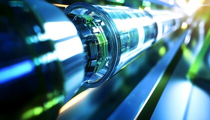 A close-up view of a modern technological device showcasing intricate details and a futuristic design. The image emphasizes the sleek lines, glass features, and vibrant colors.