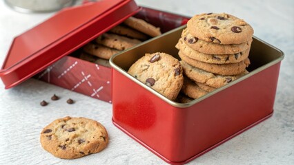 Red biscuit tin filled with stacked choc chip cookies, tins, storage