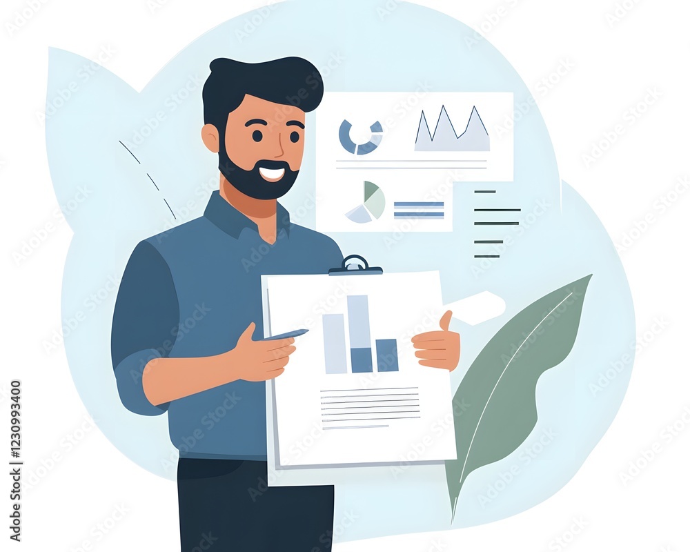 Aufkleber a confident man presents business analytics with charts and graphs. he stands in a modern office env