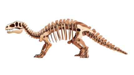Wooden dinosaur skeleton walking on transparent background