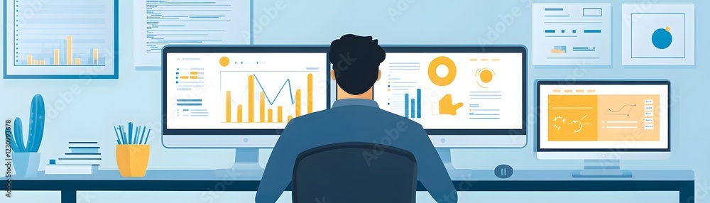 Poster a focused professional analyzes data on dual computer screens, showcasing graphs and charts in a mod