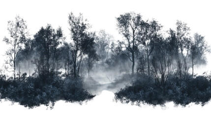 Dark forest covered by fog on transparent background