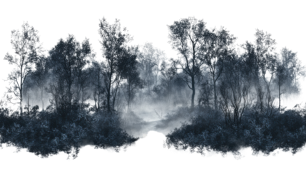 Dark forest covered by fog on transparent background
