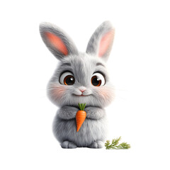 Fluffy 3D Cartoon Bunny with Glowing Soft Ears and Carrots in Mouth Isolated on Transparent Background
