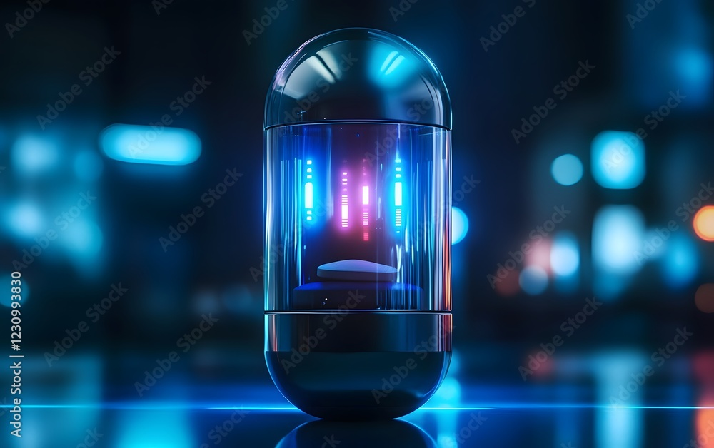 Poster a futuristic device featuring vibrant blue and purple lights encapsulated in a sleek black shell. id