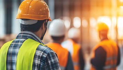 A group of construction workers in helmets and safety vests engaged in teamwork on a building site. The environment is bustling, showcasing industrial progress and collaboration.