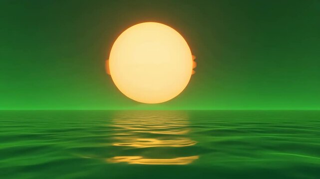 Surreal Sunset Over Green Water Abstract Orange Sun Sphere Reflection