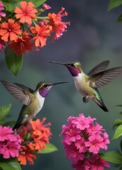 Fototapeta premium Ruby throated Hummingbirds feeding on purple lantana flowers , nature, purple