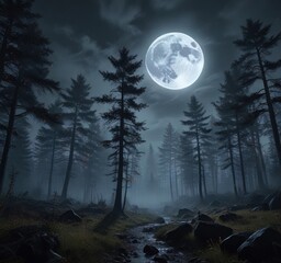 Dark forest scene with a full moon hanging low in the sky, dark forest, eerie landscape