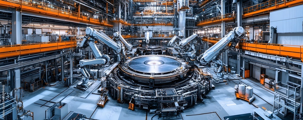 Aufkleber a state-of-the-art industrial facility showcasing advanced robotics and machinery. this vibrant setu