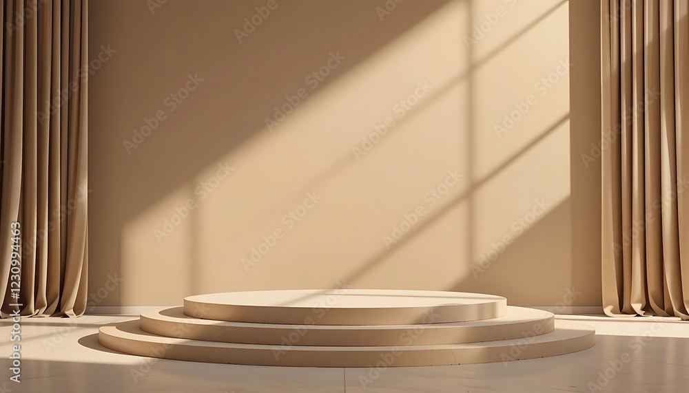 Poster minimalist beige studio display with three tiered platform
