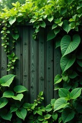 Lush tropical leaves and vines in shades of green against a wooden fence, verdant landscape, botanical
