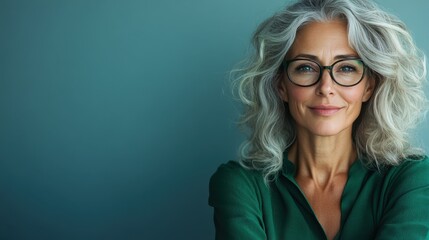Cheerful woman in green attire exuding joy against a serene backdrop