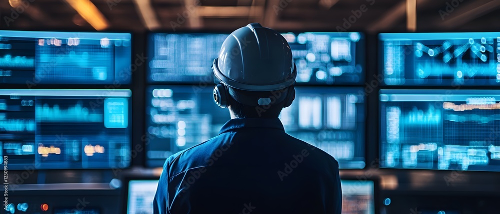 Poster a worker observes multiple screens displaying data and analytics in a modern industrial setting, sho