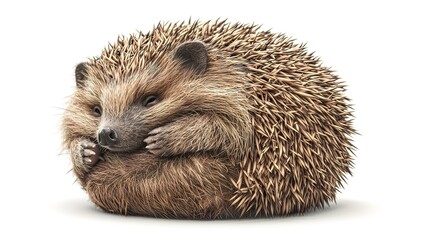 Obraz premium A cute hedgehog curled into a ball on a white background.