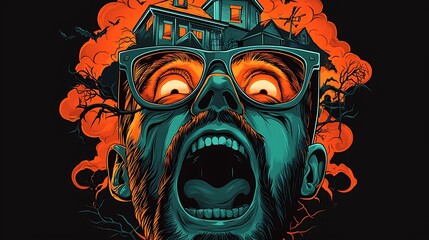 A surreal depiction of a man screaming in horror, surrounded by a haunted house and eerie trees