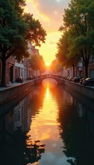 Serene canal waters reflect golden sunset hues, light, landscape