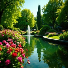 Obraz premium Serene Lustgarten with flowers and water features, lustgarden, nature, garden