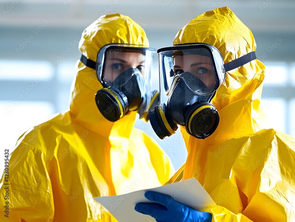 Poster two professionals in yellow protective suits and masks are reviewing documents in a laboratory setti