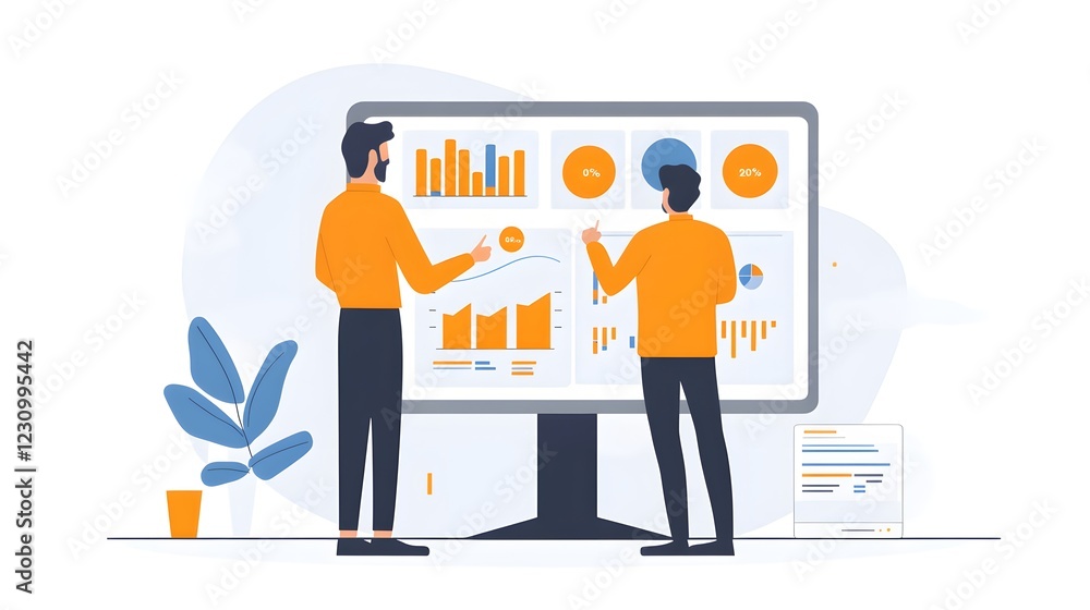 Poster two professionals in an office setting analyzing data on a large screen with graphs and charts. the 