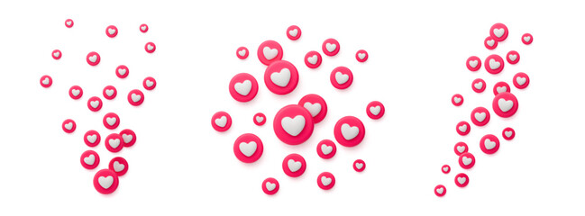 3D heart flying icon set for live streaming or stories. Like backgrounds advertising. Social media reaction concept. Realistic vector illustration isolated on white