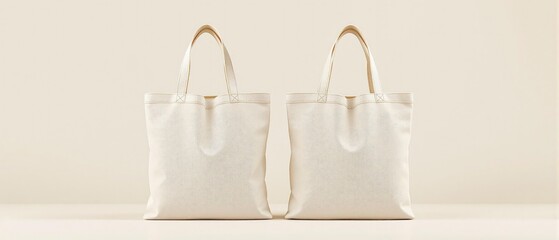 Set of two matching reusable tote bags made from natural cotton fabric, arranged side by side, laundry supplies, household essentials, cotton bags, reusable tote bags