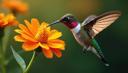 Obraz premium Shimmering throat hummingbird sipping nectar from orange flowers, Pollen, Autumn Colors, Nectar