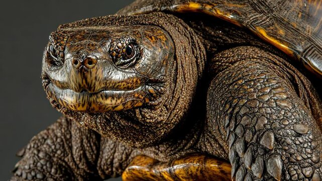 Detailed view of a close-up tortoise showcasing its unique shell patterns and facial features against a dark background
