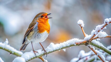 Fototapeta premium Minimalist Winter Robin, Bird Singing, Tree Branch, Snowy Day, Nature Photography