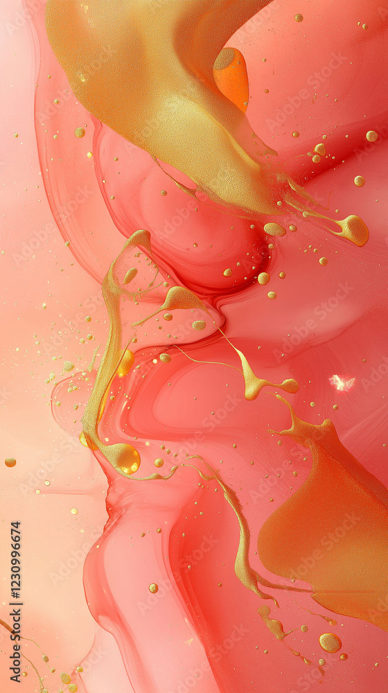 Fototapete abstract background of waves and floating paint in peach and gold color
