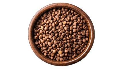 Obraz premium Brown ceramic bowl overflowing with dry pet food on transparent background