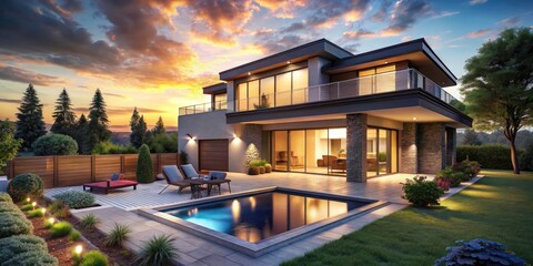 Obraz premium Modern Cozy House for Sale with Pool and Garage in Beautiful Landscaping - Clear Summer Evening Scene with Golden Light