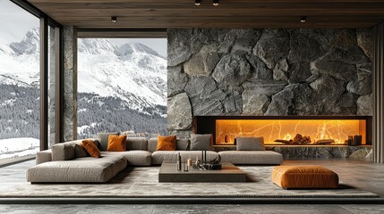 Modern Mountain View Living Room With Fireplace