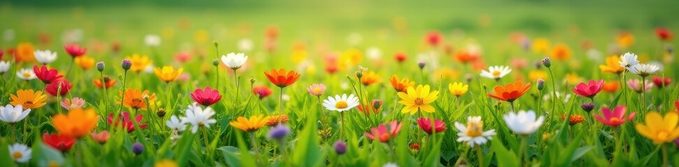 A carpet of colorful blooms stretches across the grassy landscape, meadow, wildflowers