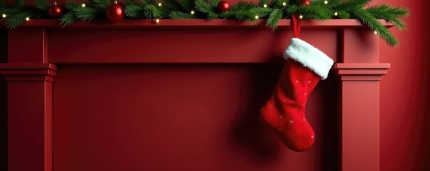 A Christmas stocking hung by a chimney on a red wall, fireplace, holiday, mantel