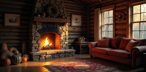 a crackling fire casts shadows on the walls of a rustic cabin, rustic decor, autumnal colors