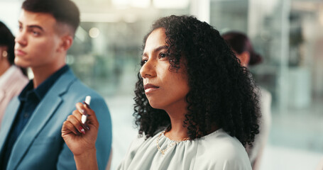 Attention, listening and audience of business people at seminar with corporate training, ideas and planning. Men, women and group in company meeting for growth, development and agenda at conference