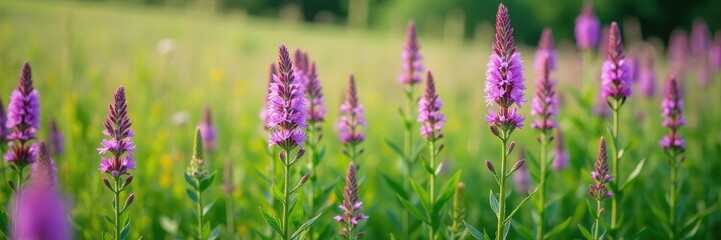 Obraz premium A field of Echium vulgare with purple flowers and silvery leaves, green, countryside, meadow