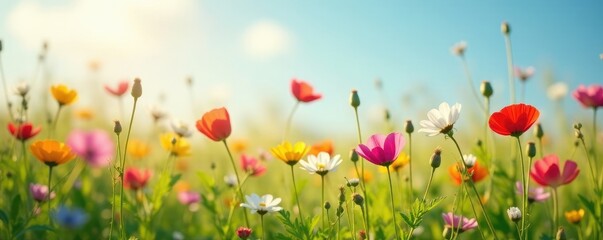 A field of wildflowers swaying gently in the breeze, blossoms, nature, soft focus