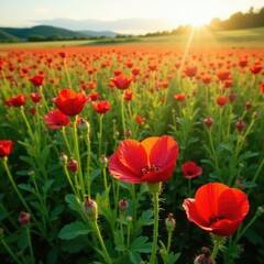 Fototapeta premium A field of Red Turk's cap flowers in full bloom under a sunny sky, landscape, plant life, turks cap flowers