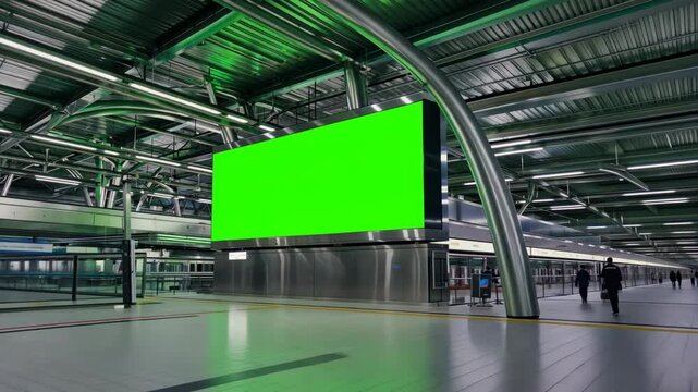 Large Green Screen Mockup in Modern Train Station Public Transportation Advertising Display
